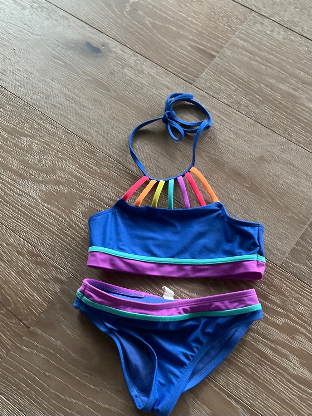 Hobie Blue Girls' Two-Piece Swim Set with Rainbow Straps